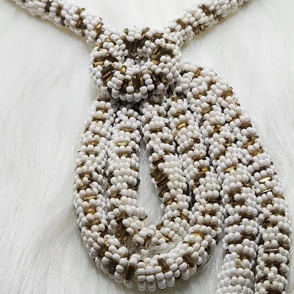 Vintage White and Gold Tone Beaded Braided Necklace Extra Long 21" L - Picture 4 of 5